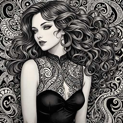 The image is a black and white portrait of a woman with long hair styled in loose curls. She is wearing a black dress that features a lace bodice and skirt. The background is a patterned design consisting of swirls and lines in various shades of black and white.