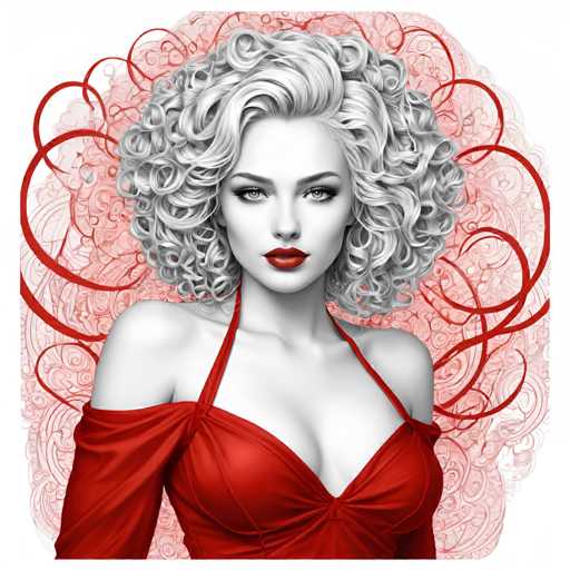 The image is a black and white portrait of a woman with curly hair wearing a red dress. The background features a patterned design that includes swirls and lines in shades of red and pink.