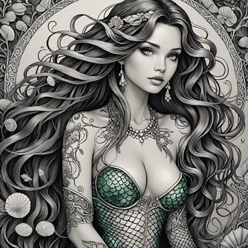 The image is a black and white illustration featuring a woman with long hair wearing a green dress adorned with fish scales. The woman has her arms crossed over her chest and is looking directly at the viewer.