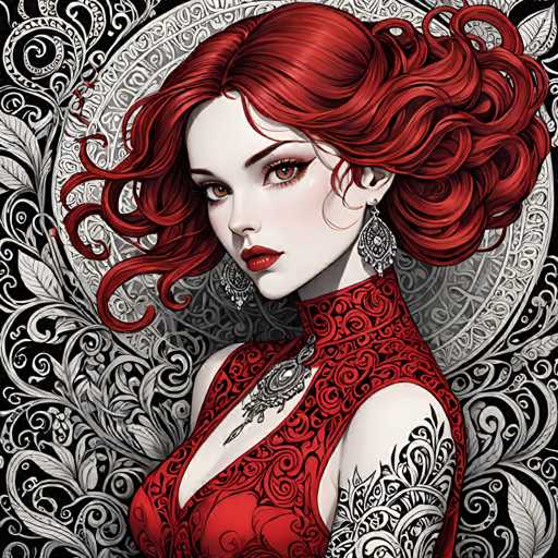 The image depicts a woman with red hair wearing a red dress and earrings. The background features a black and white floral pattern.