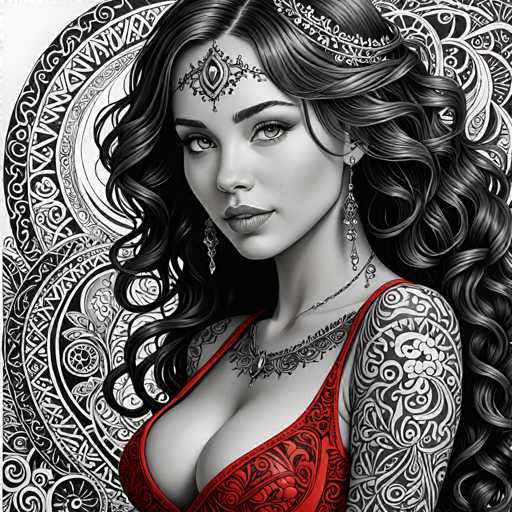 The image is a black and white portrait of a woman with long hair wearing a red dress adorned with intricate designs. The woman's face features a serious expression as she gazes directly into the camera.