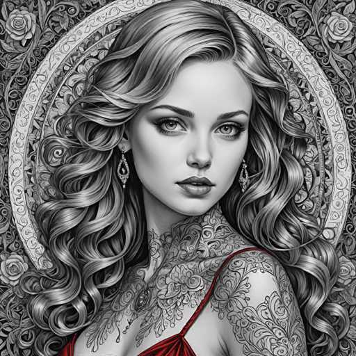 The image is a black and white portrait of a woman with long hair adorned with an intricate floral design on her shoulder. She wears a red dress that contrasts with the monochrome background. The woman's gaze is directed towards the viewer, creating a sense of connection between the subject and the observer.
