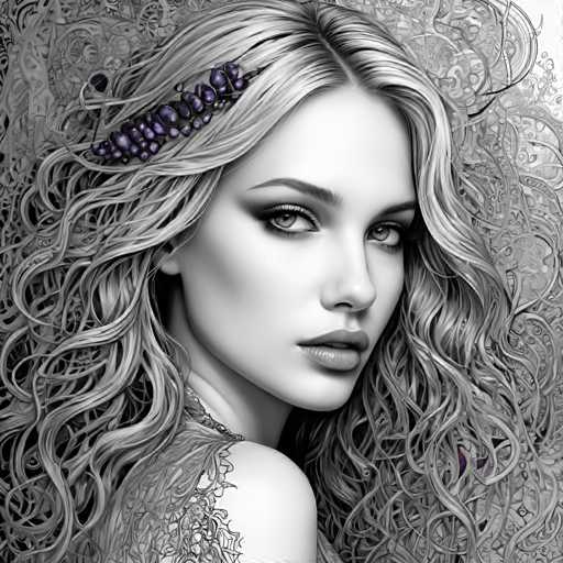 The image is a black and white portrait of a woman with long blonde hair styled in loose curls. The woman's face is the main focus, and she has a serious expression on her face as if deep in thought or contemplation.