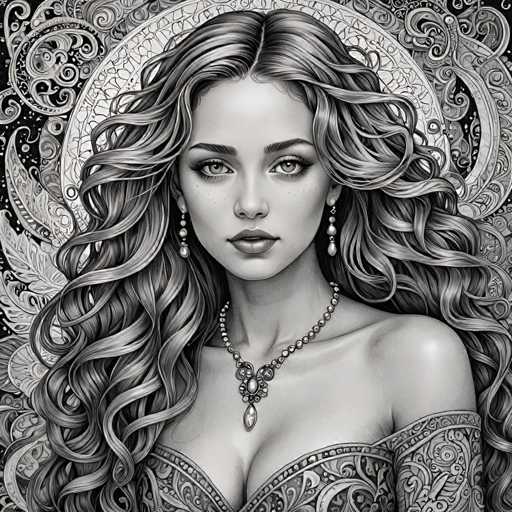 The image is a black and white portrait of a woman with long hair styled in loose curls. She is wearing a necklace that features a large pearl pendant. The background is filled with intricate designs and patterns, adding depth to the overall composition.