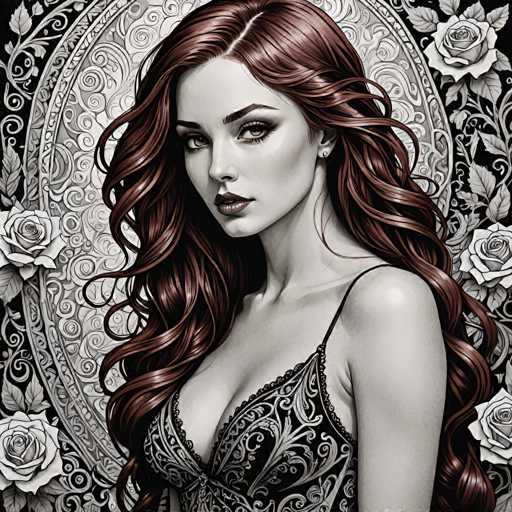 The image depicts a woman with long brown hair wearing a black and white dress adorned with intricate designs. The background features a floral pattern in shades of black and white.