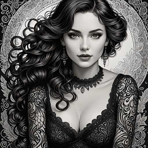 The image is a black and white portrait of a woman with long hair wearing a lace dress. The background features a floral pattern that adds an artistic touch to the overall composition.