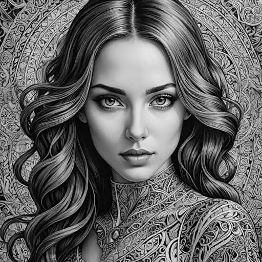 The image is a black and white portrait of a woman with long hair styled in loose curls. The background features an intricate pattern that adds depth and complexity to the composition.