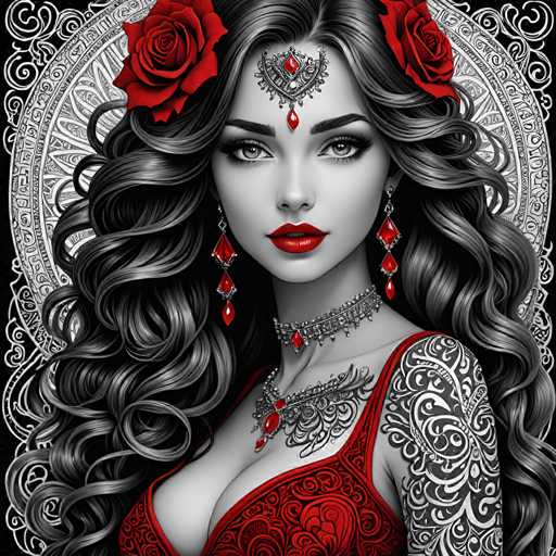 The image depicts a woman with long, dark hair wearing a red dress and earrings. She has a tattoo on her arm and is wearing a necklace that features red gemstones. The background of the image is black and white, adorned with a floral pattern.
