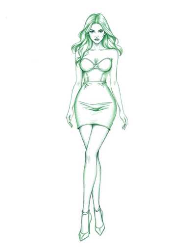 A green line drawing of a woman with long blonde hair and a strapless dress standing on one leg against a white background.