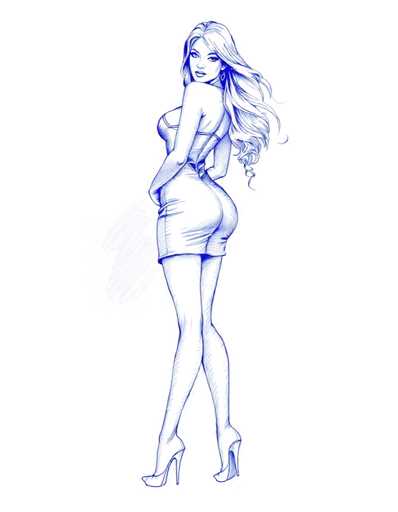 A woman with long blonde hair is standing against a white background and wearing a short dress that shows off her legs. She has high heels on and is looking down at the ground.