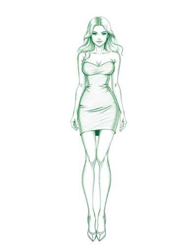 A green line drawing of a woman wearing a strapless dress and heels standing on her tiptoes with her arms crossed against a white background.