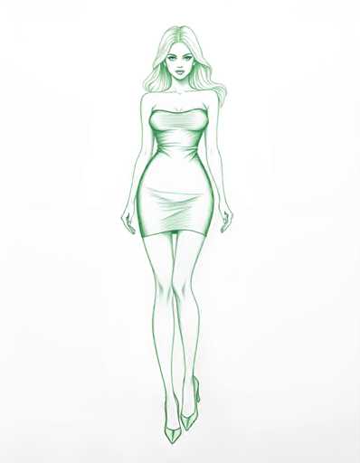 A green line drawing of a woman wearing a strapless dress and high heels against a white background.