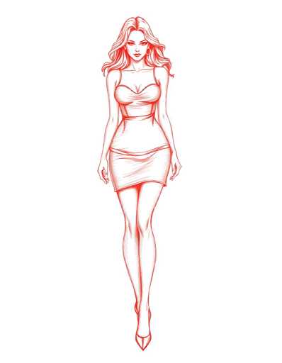 A sketch of a woman wearing a short dress and high heels against a white background.