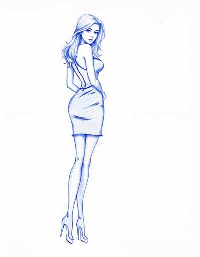 A woman is standing against a white background wearing a blue dress and high heels.