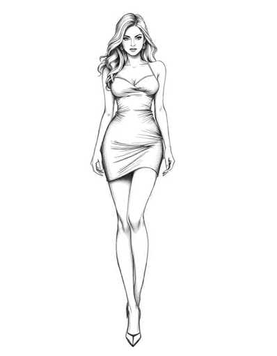 A black and white line drawing depicting a woman wearing a short dress with her left hand resting on her hip and her right hand lightly touching the ground. The background is plain white, which contrasts with the dark lines of the woman's dress and skirt.