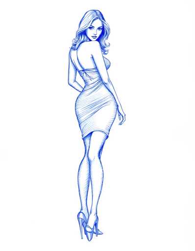 A woman is depicted wearing a blue dress and high heels against a white background with a gray stripe running down the center of it.