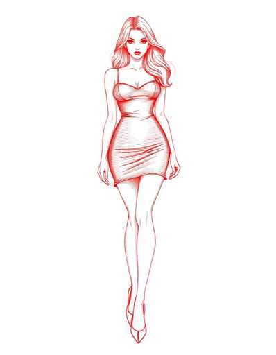 A woman is depicted wearing a red dress and high heels against a white background. The image does not contain any text or other objects.
