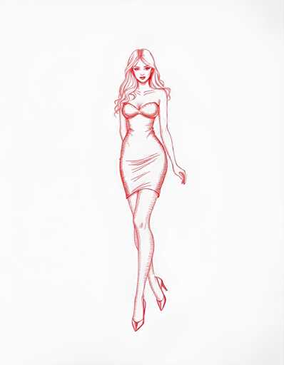 A sketch of a woman wearing a red dress and high heels against a white background.