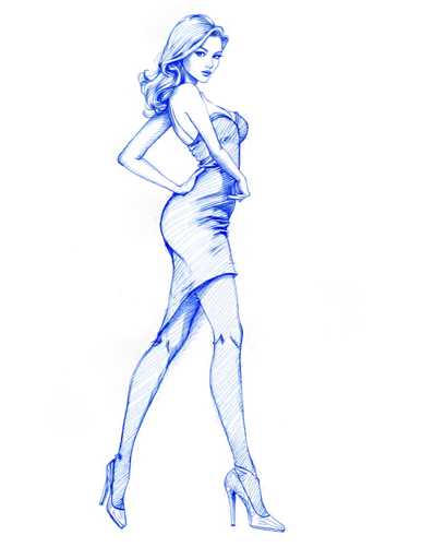 A woman is depicted wearing a blue dress and high heels against a white background with a gray stripe running down the center of it.