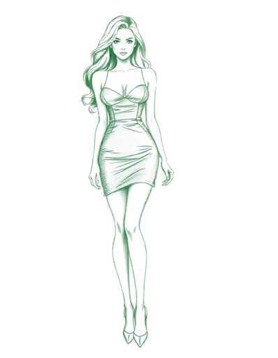 A woman is depicted wearing a white dress and high heels against a light green background with a brown stripe running horizontally across it.