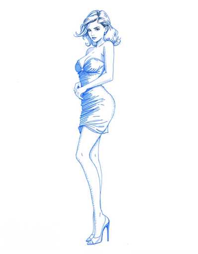 A woman is depicted wearing a blue dress and high heels against a white background with a gray stripe running down the center of it.