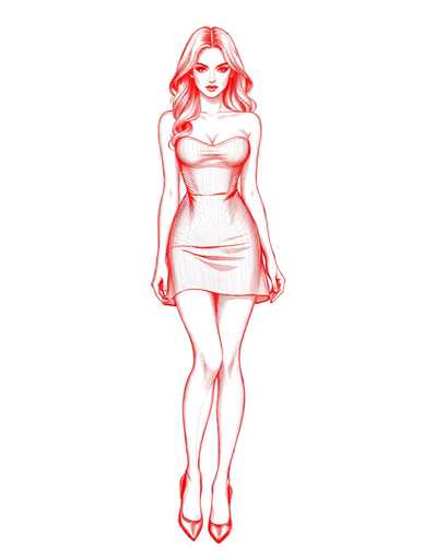 A woman is standing against a white background wearing a red dress and high heels.