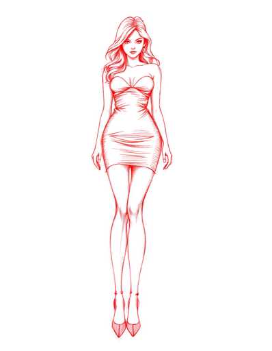 A woman is depicted wearing a red dress and high heels against a white background. The image does not contain any text or other objects.