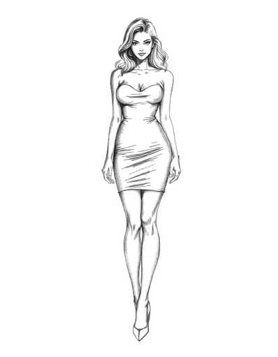 A black and white line drawing depicting a woman wearing a strapless dress with her left hand resting on her hip and her right hand lightly touching the ground. The background is a solid color of gray, providing a neutral backdrop that allows the focus to remain on the woman's form and attire.
