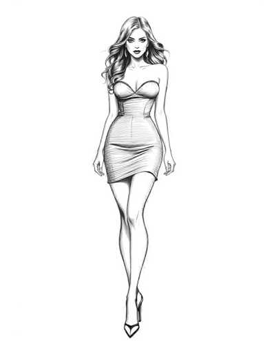 A black and white line drawing depicting a woman with long hair wearing a strapless dress and high heels walking towards the right side of the image.