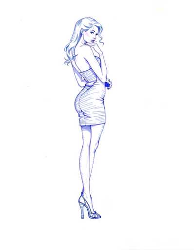 A woman is standing against a white background wearing a blue dress and high heels.
