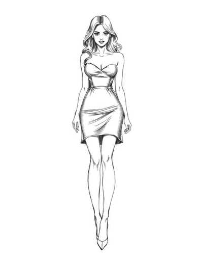 A black and white line drawing depicting a woman wearing a strapless dress with a high neckline and thin straps. The woman is standing on one leg with her arms crossed over her chest in a relaxed pose.