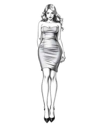 A black and white line drawing depicting a woman wearing a strapless dress with a high neckline and thin straps. The woman is standing on one leg with her arms crossed over her chest in a relaxed pose.