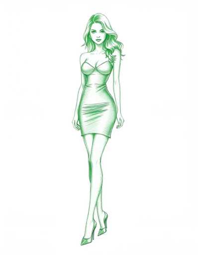 A green line drawing of a woman wearing a strapless dress and high heels against a white background.