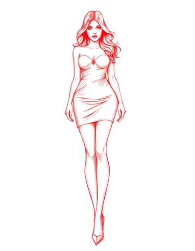 A woman is standing against a white background wearing a red dress and high heels.