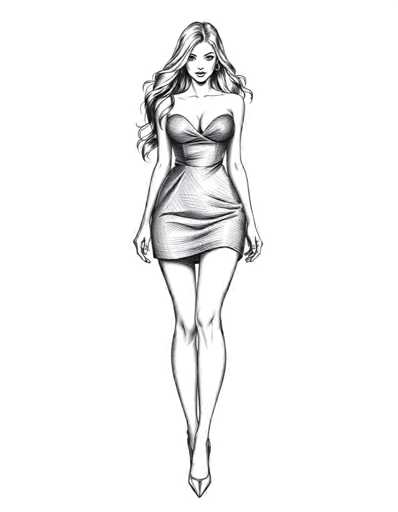A black and white line drawing depicting a woman with long blonde hair wearing a strapless dress and high heels. The woman is standing on one leg, facing the viewer directly.