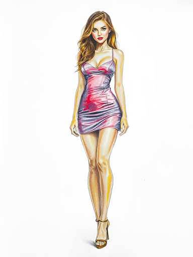 A woman is standing on her tiptoes with her arms crossed and legs apart, wearing a pink dress that falls just below the knee. The background is white, providing a stark contrast to the colorful figure in the foreground.