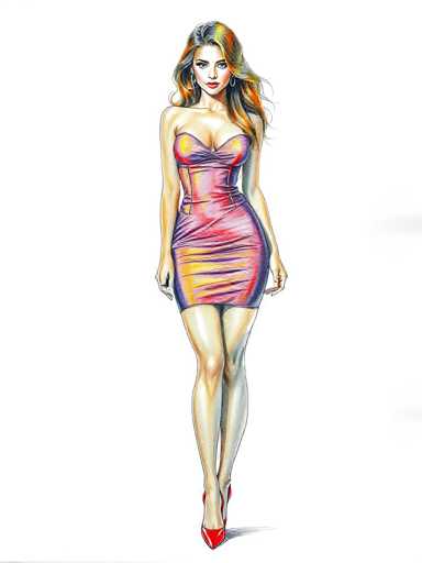 A woman is standing on her tiptoes with her arms crossed and legs apart, wearing a pink dress that has a purple skirt. She is facing the camera directly and looking to the left side of the image. The background is white, which contrasts with the colorful attire of the woman.