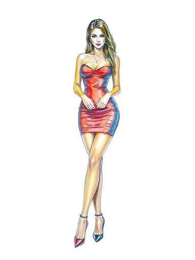 A woman is standing against a white background wearing an orange dress and blue heels.