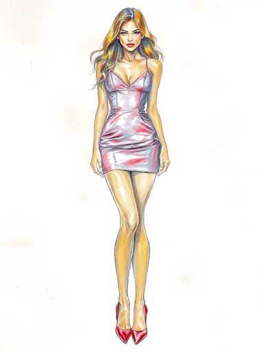 A woman is standing against a white background wearing a pink dress and red heels.
