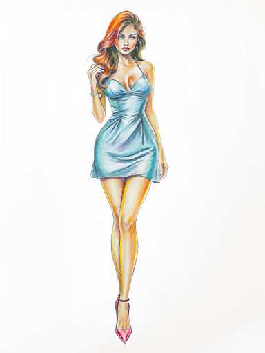 A woman with red hair and an orange dress is standing on a white background wearing pink high heels.