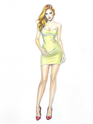 A woman is standing against a white background wearing a yellow dress and red heels.