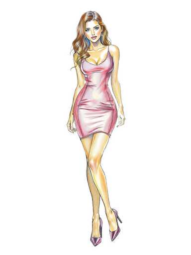 A woman is standing on her tiptoes with her legs crossed and wearing a pink dress that falls just below the knee. She has long brown hair and is wearing high heels. The background is white, which contrasts with the woman's vibrant attire.