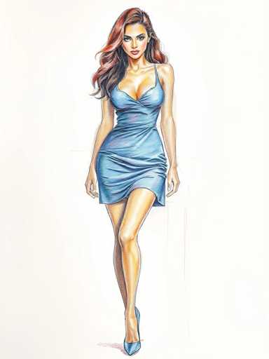 A woman is standing on her tiptoes with her legs crossed and wearing a blue dress that falls just below the knee. She has long brown hair and is looking directly at the camera. The background is white, which contrasts with the woman's dark hair and blue dress.