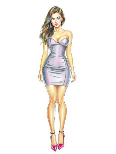 A woman is standing against a white background wearing a silver dress and red heels.
