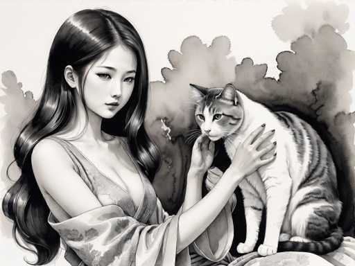 A black and white illustration depicting a woman with long hair wearing a kimono, holding the head of a cat on her lap.