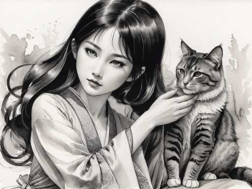 A black and white illustration depicting a woman wearing traditional Japanese clothing with long hair and holding the tail of a cat.