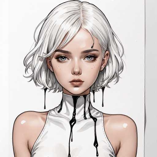 The image depicts a white woman with blonde hair wearing a white top and black dress. The woman has a serious expression on her face as she gazes directly at the camera.