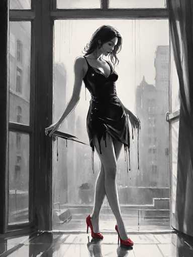 A woman is standing on a balcony with her arms outstretched and holding an umbrella. She is wearing a black dress that has water dripping from it down the side. The background shows a cityscape with buildings of varying heights and designs.