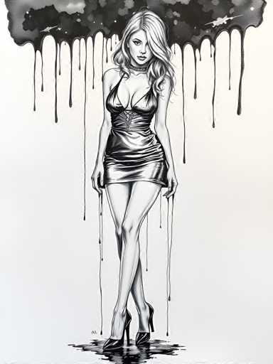 The image is a black and white illustration featuring a woman standing on one leg with her arms crossed over her chest. She is wearing a short dress that falls just below the knee. The background of the image is filled with water droplets, creating an impression of rain or misty conditions.