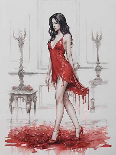 A woman is depicted wearing a red dress and high heels, standing on a red carpet with her hair styled in loose waves. The background features a white wall adorned with two candlesticks and a vase of flowers.